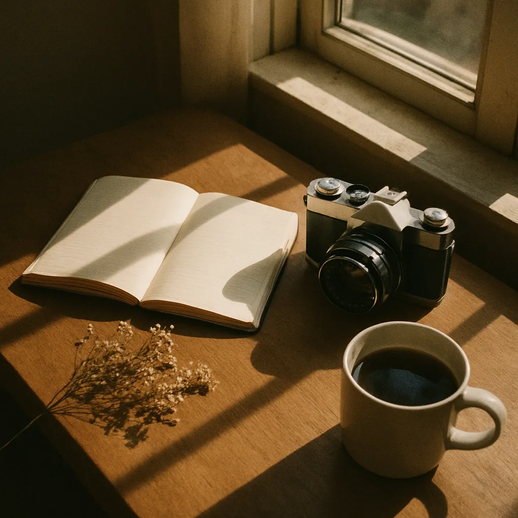 A desk by a window with a notebook, a camera and coffee
