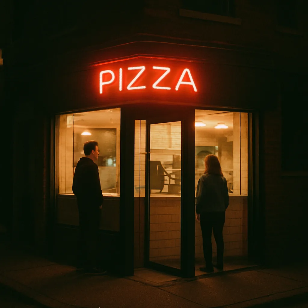 A corner pizza shop at night