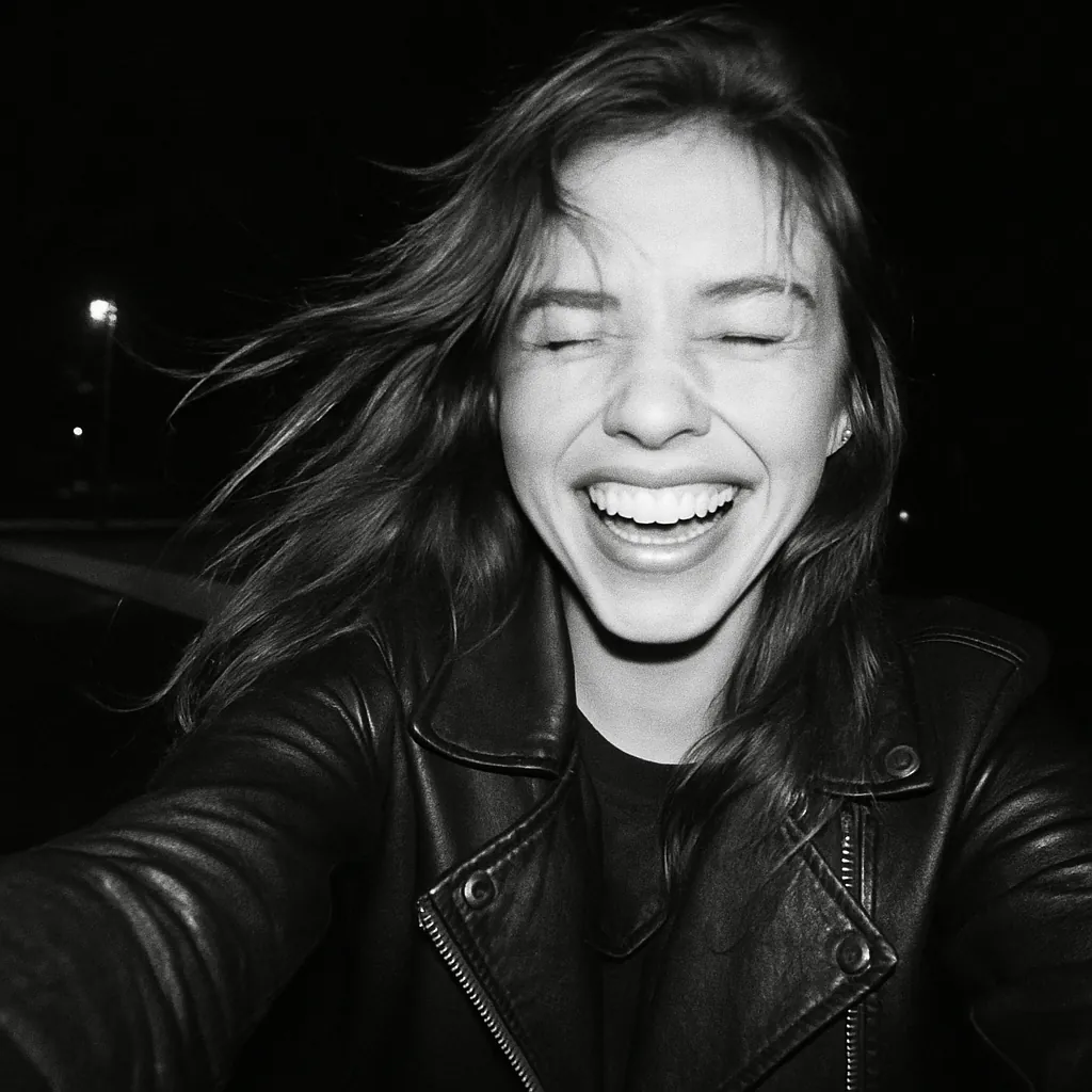 A black and white selfie, laughing